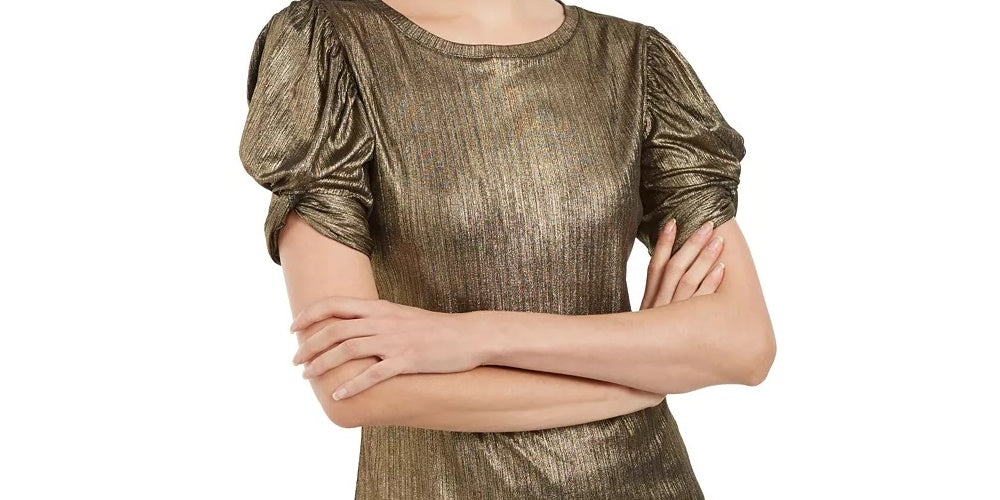 INC International Concepts Women's Metallic Puff Sleeve Top Gold Size Small