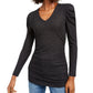 INC International Concepts Women's Ruched Shine V-Neck Top Black Size Large