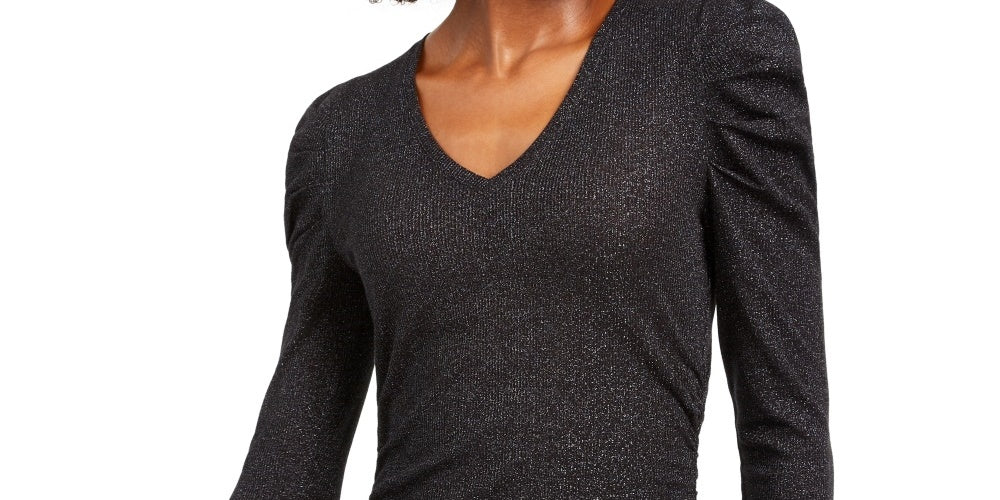 INC International Concepts Women's Ruched Shine V-Neck Top Black Size Large