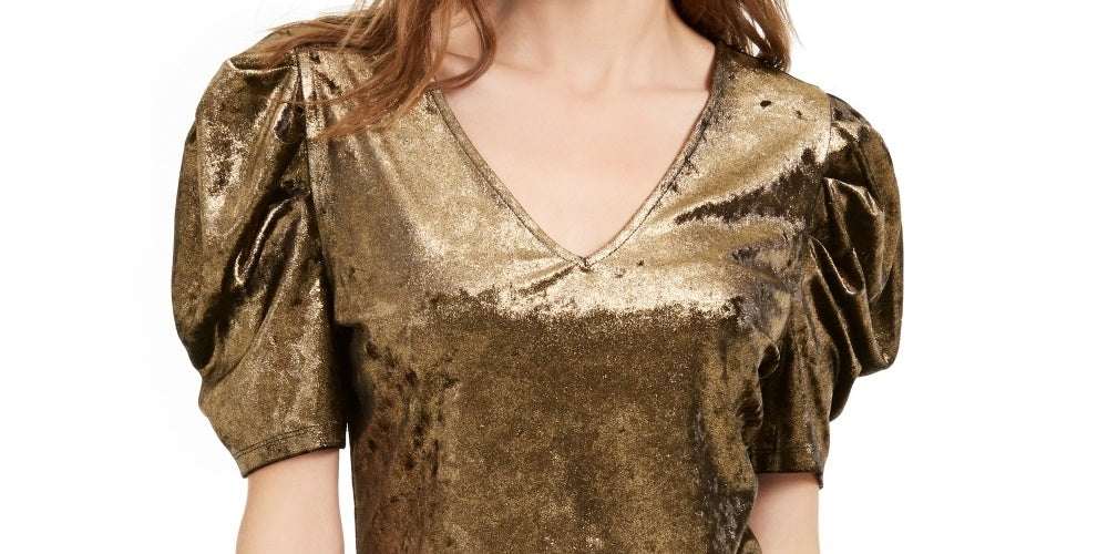 INC International Concepts Women's Velvet Puff Sleeve Top Gold Size Small