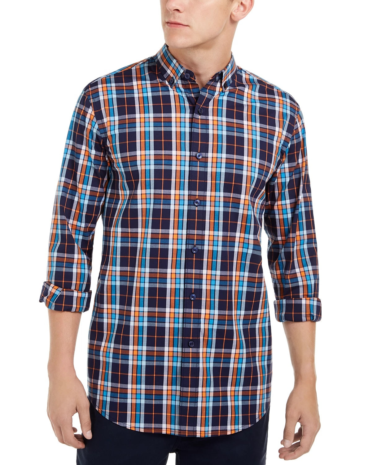 Club Room Men's Stretch Plaid Shirt Navy Size Small