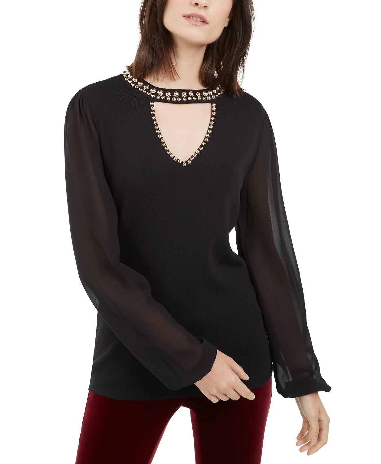 INC International Concepts Women's Studded Keyhole Sweater Black Size Small