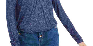 Bar III Women's Cut Out Long Sleeve V Neck Top Navy Size Medium