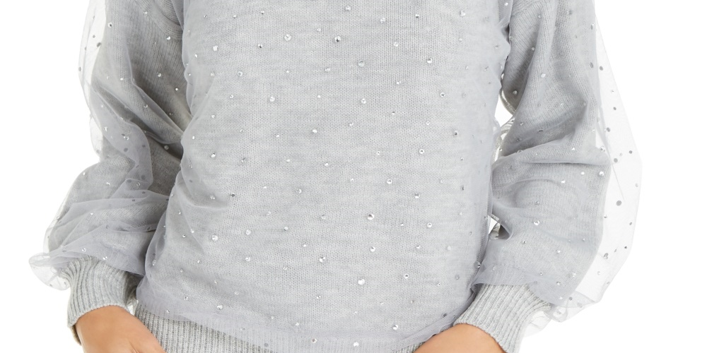 INC International Concepts Women's Tulle Overlay Knit Pullover Sweater Gray Size Large