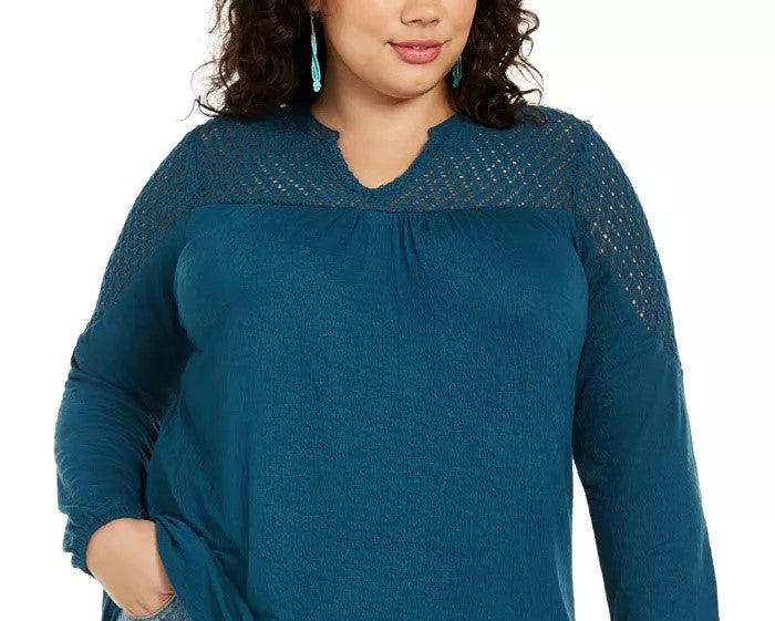 Style & Co Women's Plus Size Crochet-Trim Top Green Size 0X
