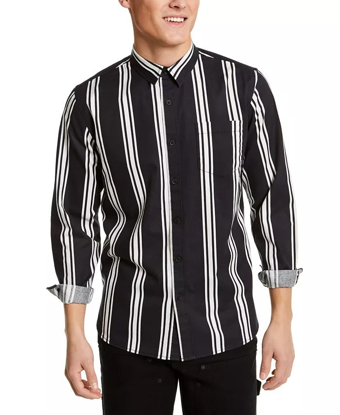 Sun + Stone Men's Striped Collared Classic Fit Dress Shirt Black Size XX-Large