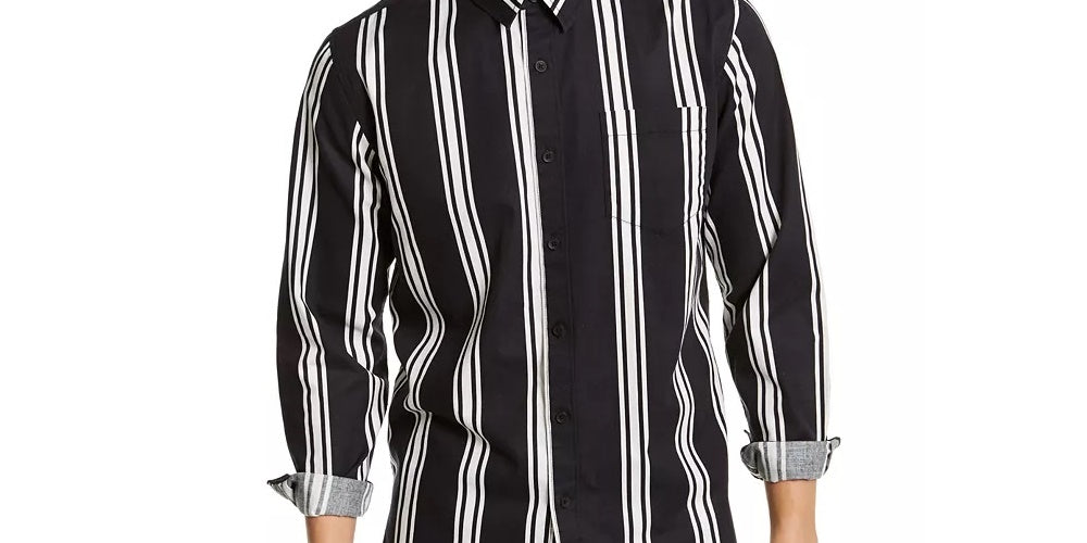 Sun + Stone Men's Striped Collared Classic Fit Dress Shirt Black Size XX-Large
