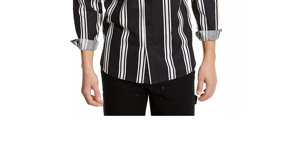 Sun + Stone Men's Striped Collared Classic Fit Dress Shirt Black Size XX-Large