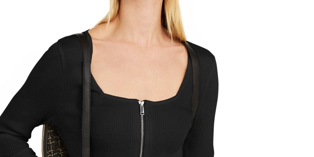 INC International Concepts Women's Square Neck Zip-Front Sweater Black Size Large