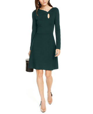 INC International Concepts Women's Asymmetrical Neck Sweater Dress Green Size X-Large
