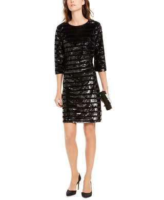 INC International Concepts Women's Petite Sequinned Velvet Sheath Dress Black Size Medium