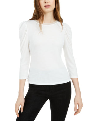 Bar III Women's Mesh Trim Puff Sleeve Top White Size Small
