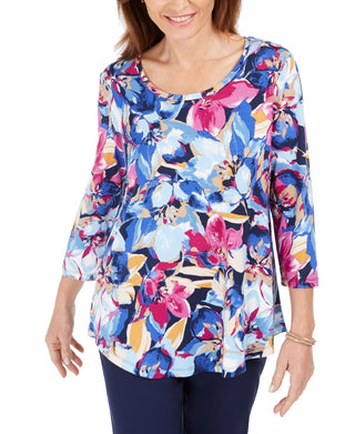 JM Collection Women's Ascension Flora Printed 3/4-Sleeve T-Shirt Blue Size Medium