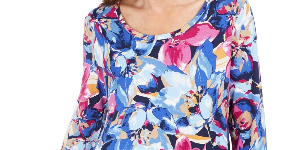 JM Collection Women's Ascension Flora Printed 3/4-Sleeve T-Shirt Blue Size Medium
