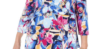 JM Collection Women's Ascension Flora Printed 3/4-Sleeve T-Shirt Blue Size Medium