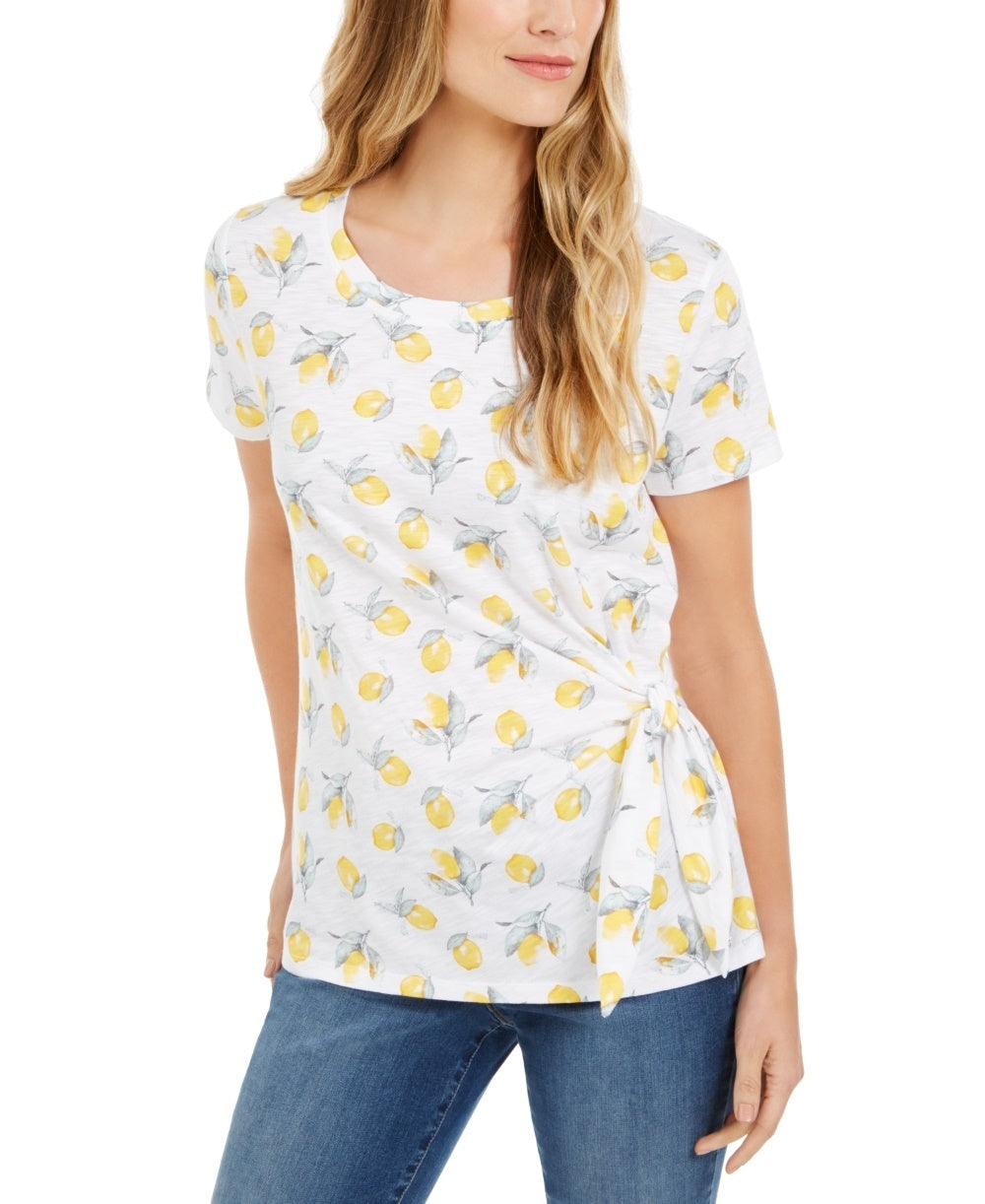 Style & Co Women's Printed Side Tie T-Shirt Yellow Size Small