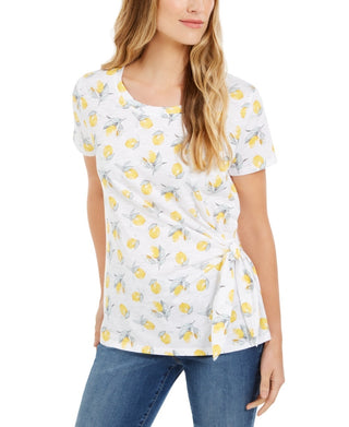 Style & Co Women's Printed Side Tie T-Shirt Yellow Size Small