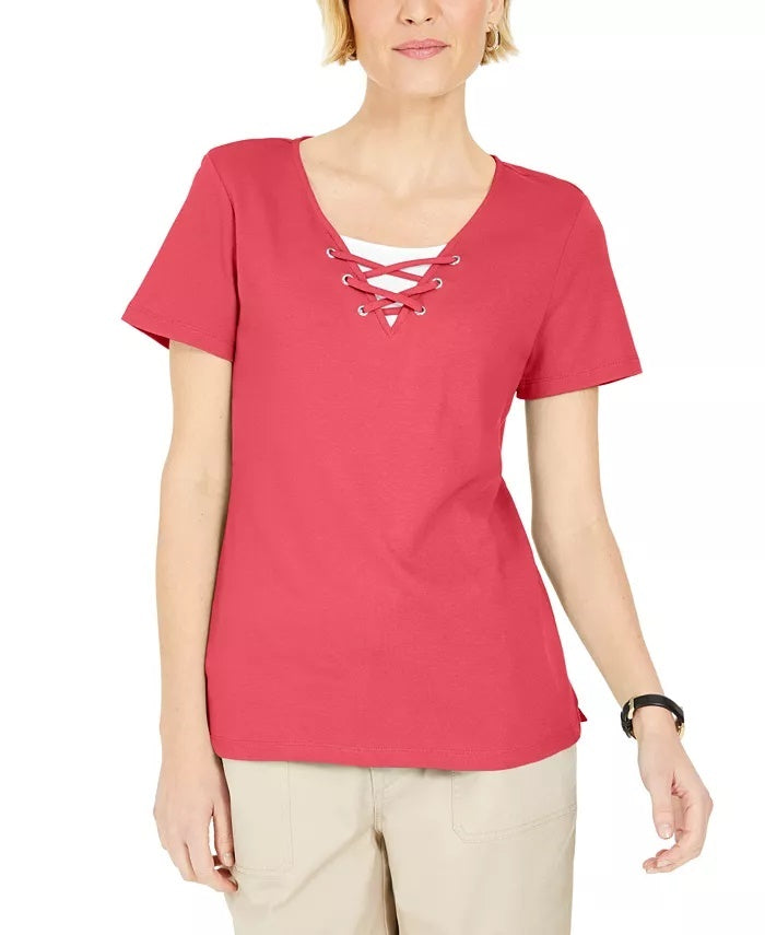 Karen Scott Women's Lace Up Layered Look Top Pink Size Small