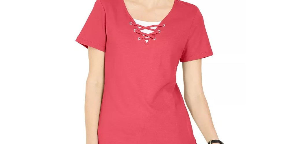 Karen Scott Women's Lace Up Layered Look Top Pink Size Small