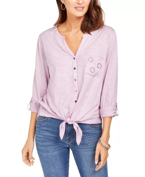 Style & Co Women's Eyelet Pocket Tie Front Top Purple Size Medium