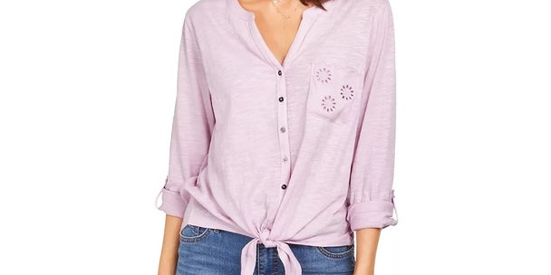 Style & Co Women's Eyelet Pocket Tie Front Top Purple Size Medium