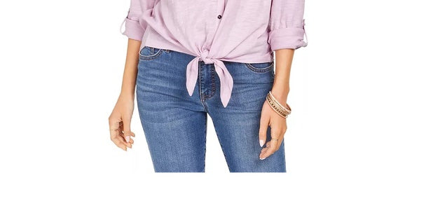 Style & Co Women's Eyelet Pocket Tie Front Top Purple Size Medium