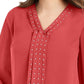 JM Collection Women's Solid Studded Pleated Blouse Red Size Small