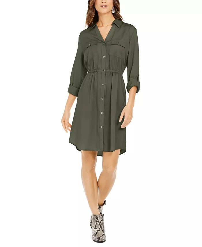 Style & Co Women's Solid Utility Shirtdress Green Size Medium