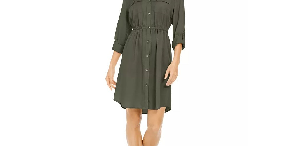 Style & Co Women's Solid Utility Shirtdress Green Size Medium