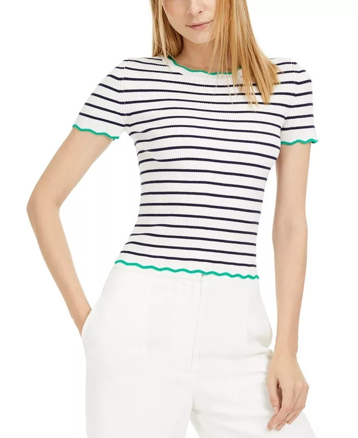 Maison Jules Women's Striped Crewneck Sweater White Size Large