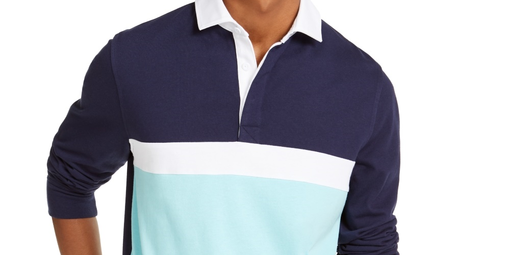 Club Room Men's Chest Stripe Long Sleeve Polo Shirt  Blue Size Small