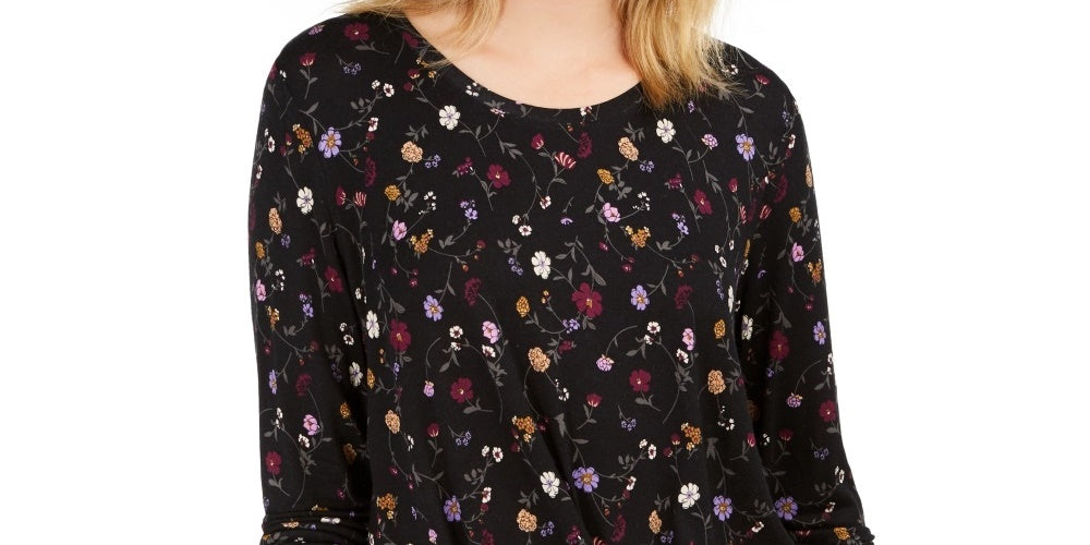 Style & Co Women's Floral Print Twist Front Top Black Size X-Small