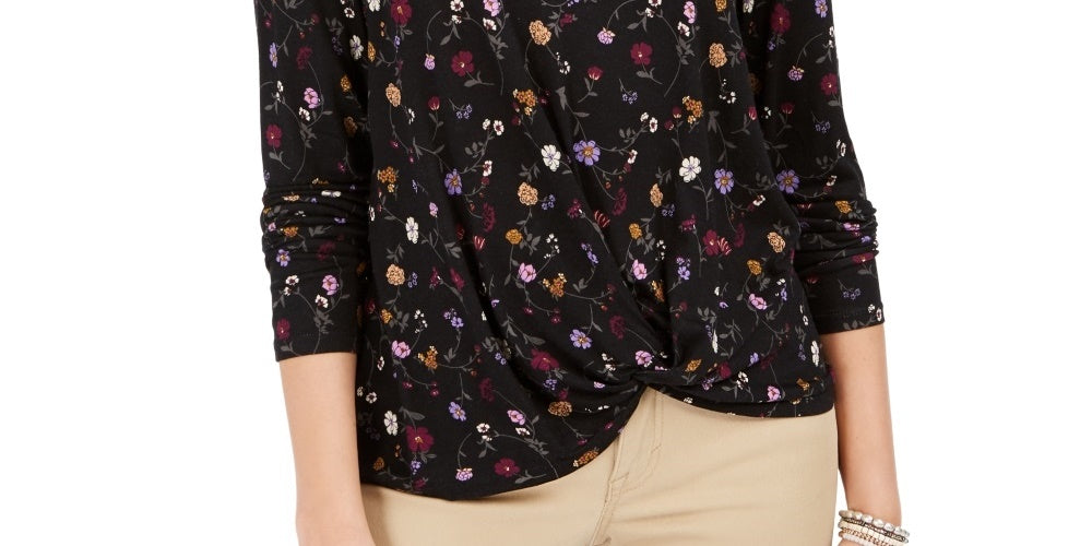 Style & Co Women's Floral Print Twist Front Top Black Size X-Small