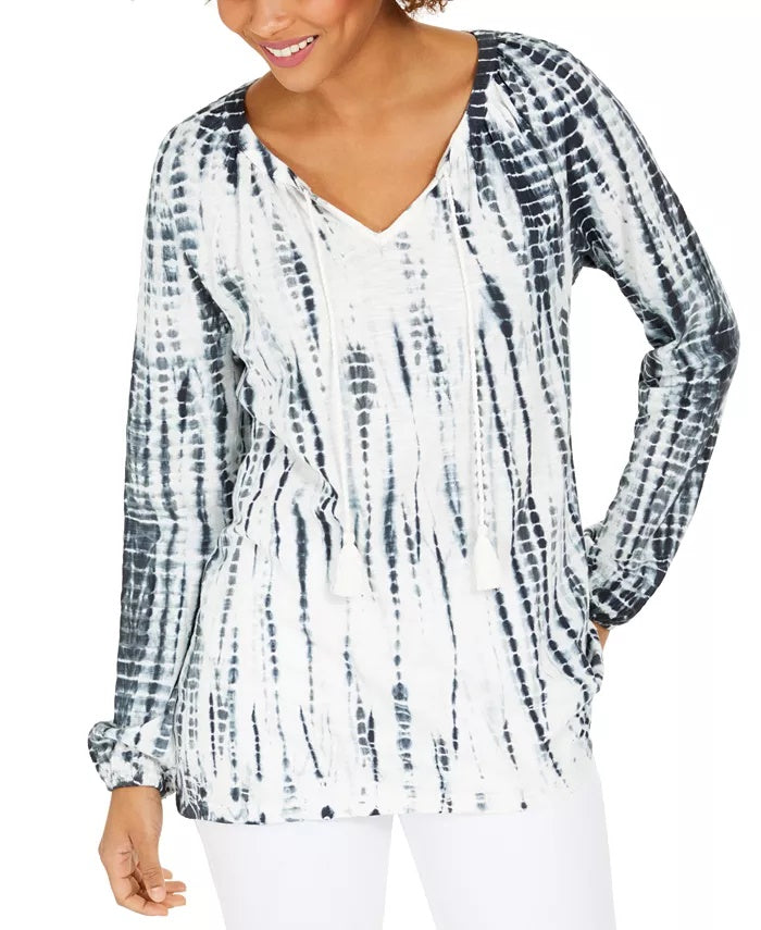 Style & Co Women's Tie Dyed Bubble Sleeve Peasant Top Black Size X-Small