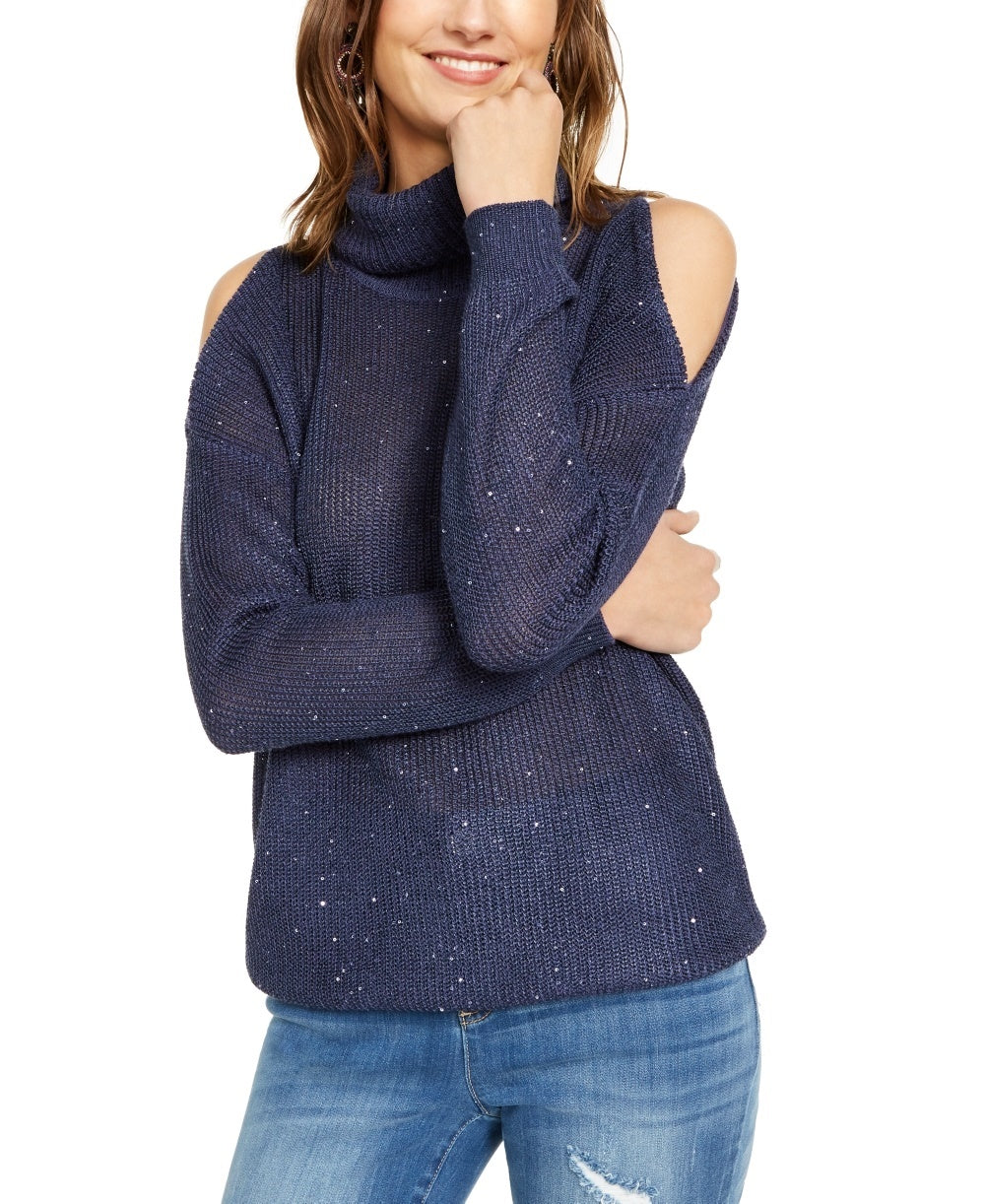 INC International Concepts Women's Sequin Cutout Turtleneck Sweater Navy Size XX-Large