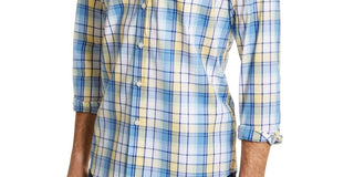 Club Room Men's Blue Plaid Collared Stretch Dress Shirt Blue Size Small