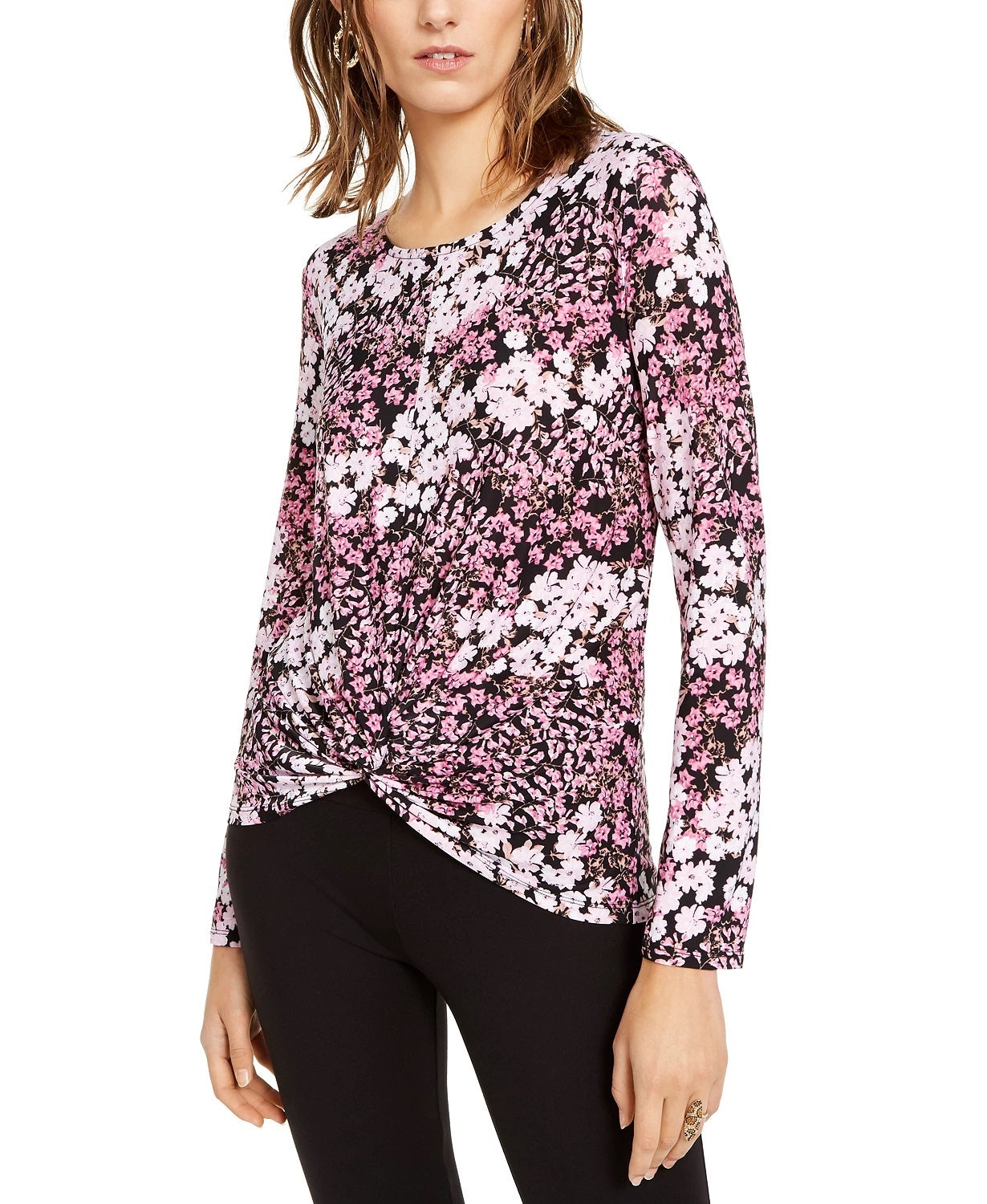INC International Concepts Women's Floral Print Twist Front Top Black Size XX-Large