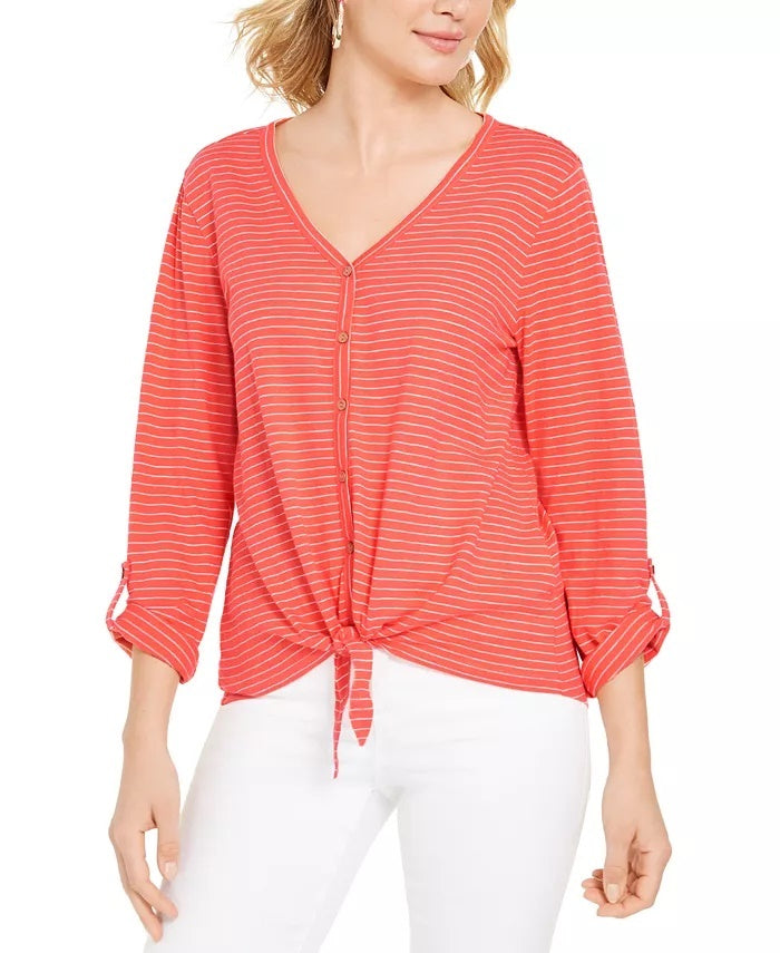 Style & Co Women's Striped Tie Front Top Orange Size Large