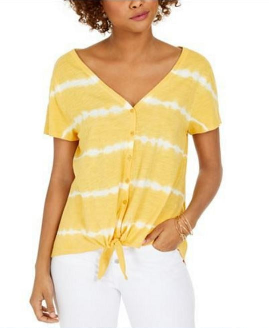 Style & Co Women's Tie Dye Tie Front Top Gold Size Large