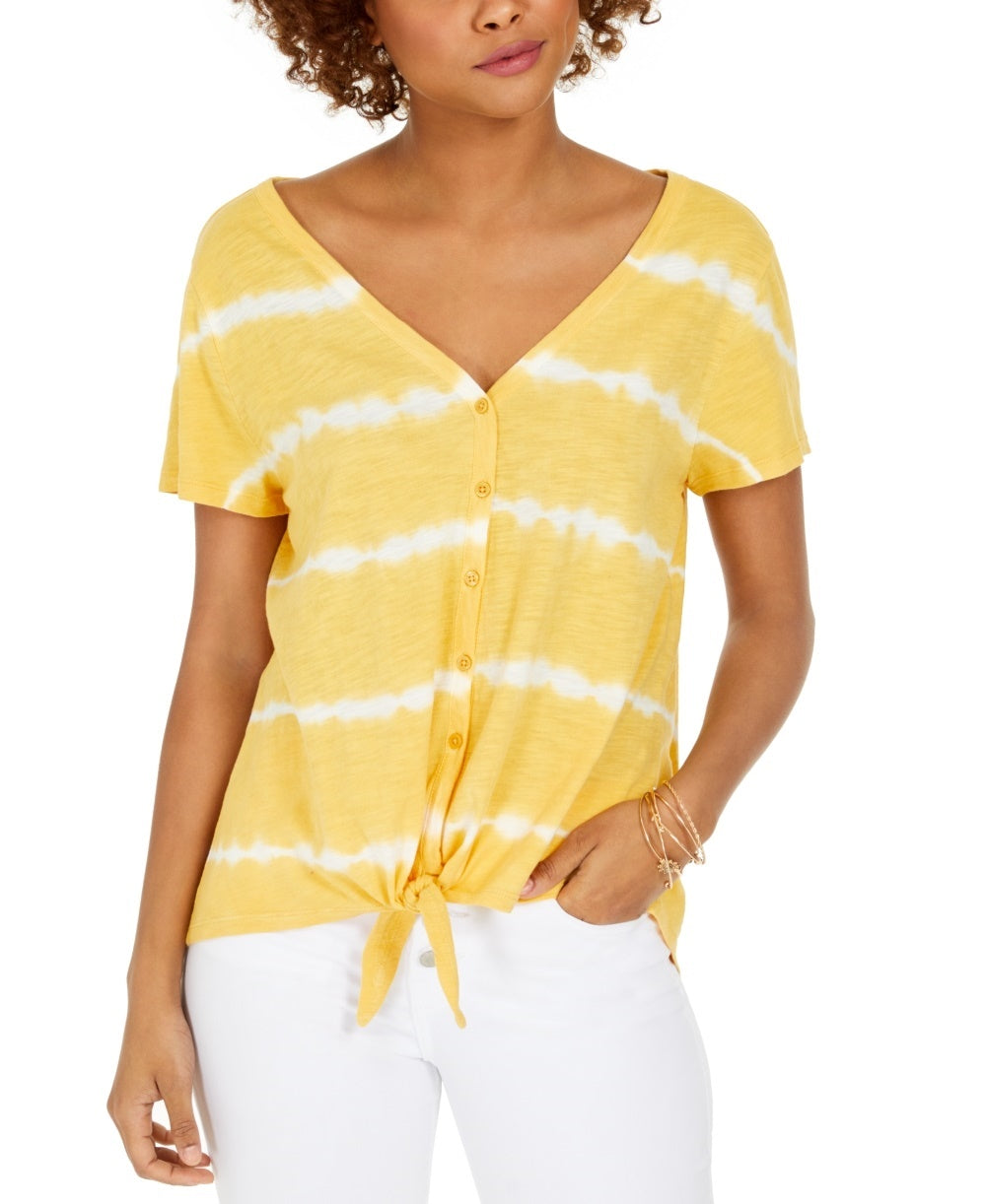 Style & Co Women's Tie Dye Tie Front Top Gold Size XX-Large