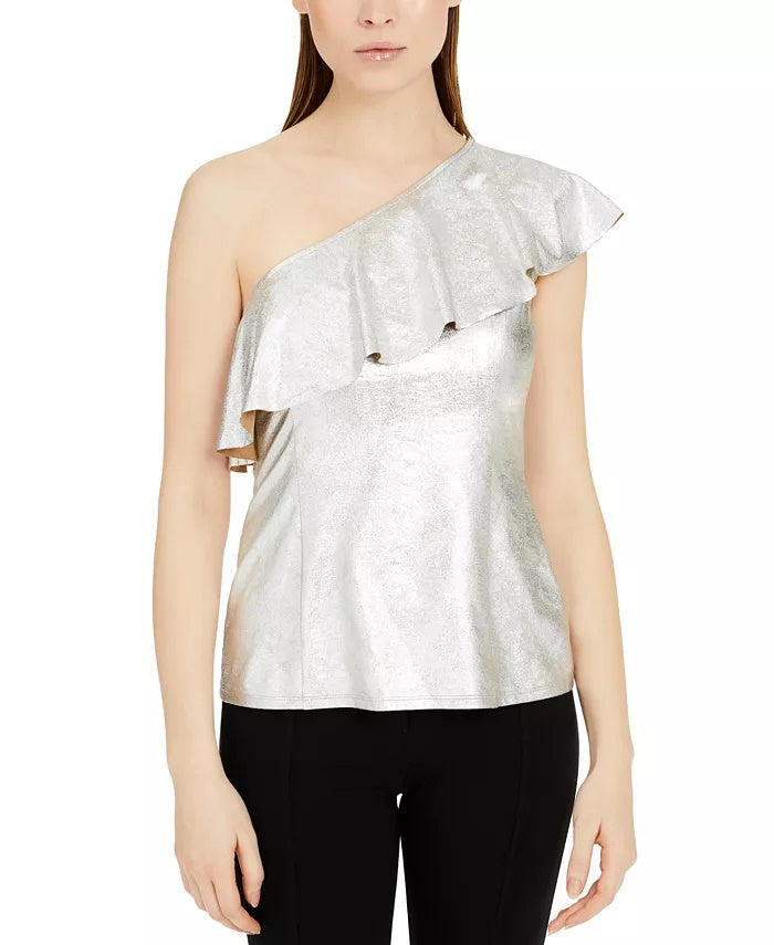 INC International Concepts Women's Metallic Ruffled One Shoulder Top Silver Size Large
