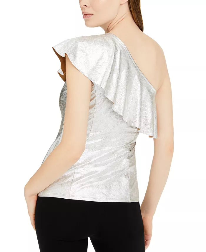 INC International Concepts Women's Metallic Ruffled One Shoulder Top Silver Size Large