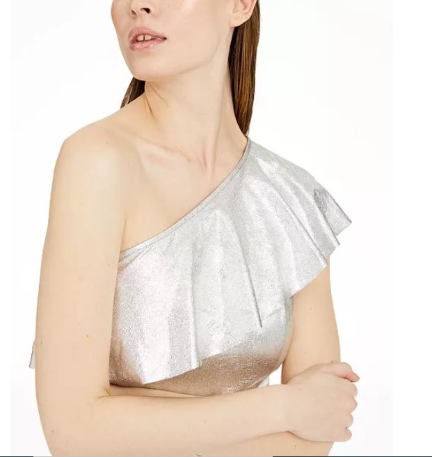 INC International Concepts Women's Metallic Ruffled One Shoulder Top Silver Size Large