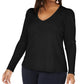 INC International Concepts Women's Plus Size Ribbed-Knit Puff-Sleeve Top Black Size 0X