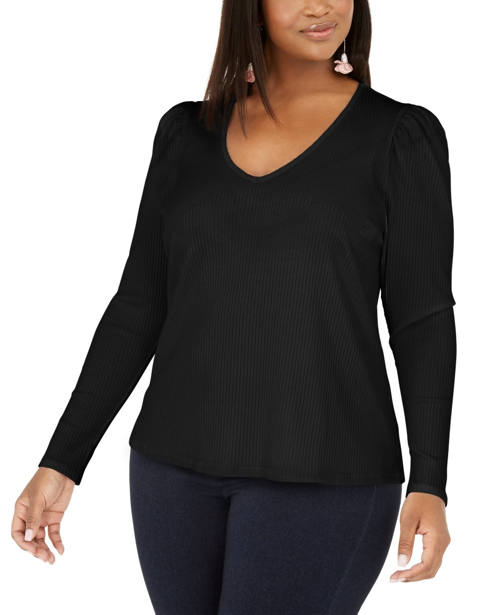 INC International Concepts Women's Plus Size Ribbed-Knit Puff-Sleeve Top Black Size 0X