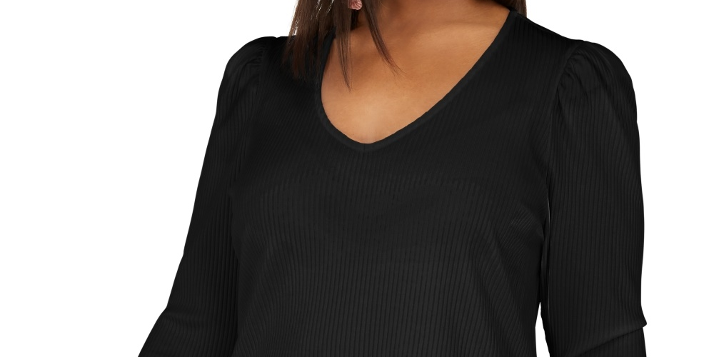 INC International Concepts Women's Plus Size Ribbed-Knit Puff-Sleeve Top Black Size 0X