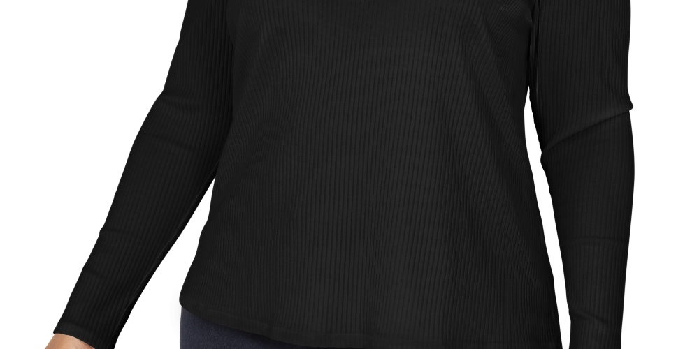 INC International Concepts Women's Plus Size Ribbed-Knit Puff-Sleeve Top Black Size 0X