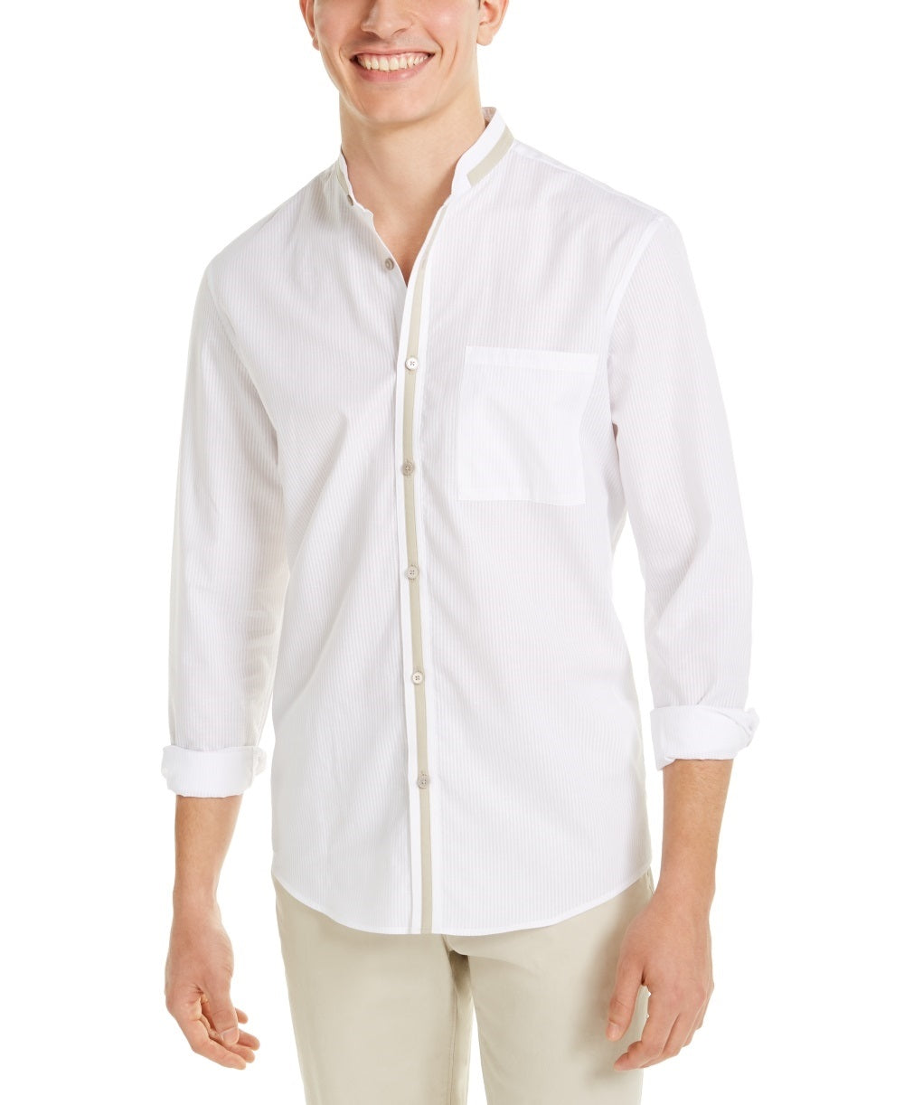 Alfani Men's Band Collar Stripe Button Down Shirt White Size X-Large