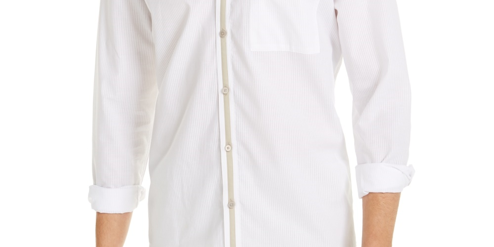 Alfani Men's Band Collar Stripe Button Down Shirt White Size X-Large