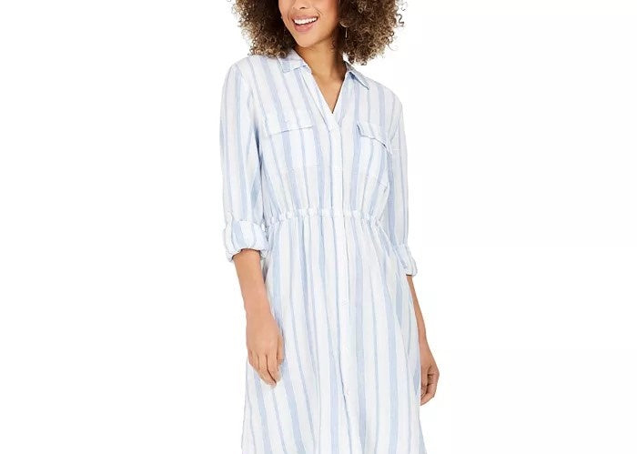 Style & Co Women's Striped Button-Front Linen-Blend Shirtdress Blue Size X-Small